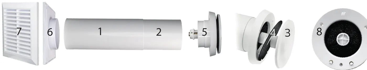 3 Ventiltallrik · 4 Backspjäll · 5 Ventilhuvud · 8 Ventilhuvudet inifrån, logon uppåt